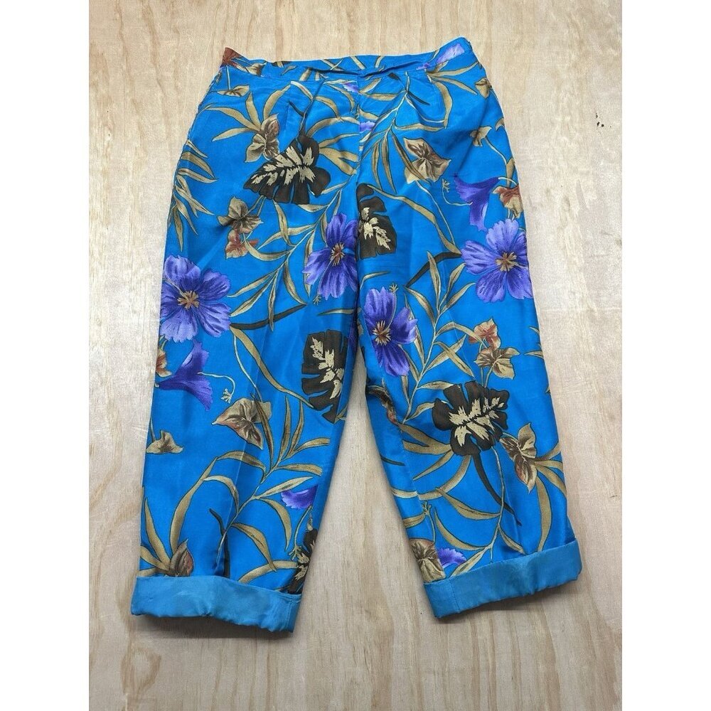 Silkland pants Floral Asian Cropped Blue Sz 10 Tropical Hawaiian 100% Silk